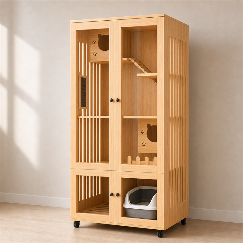 Wooden Cat Villa – 2-Door with Litter Box Area