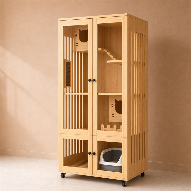 Wooden Cat Villa – 2-Door with Litter Box Area