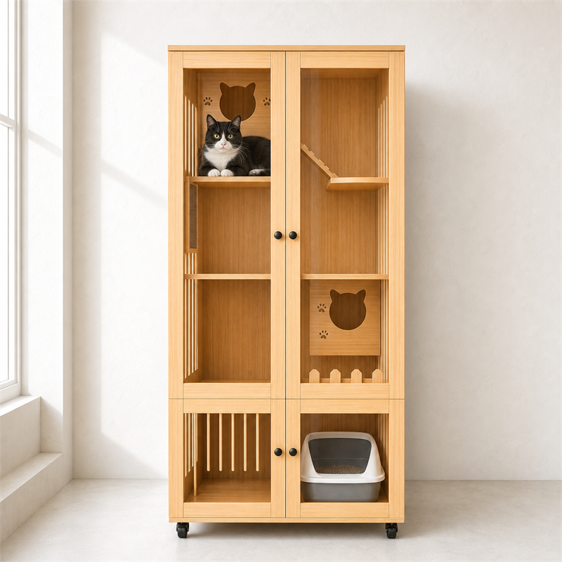 Wooden Cat Villa – 2-Door with Litter Box Area