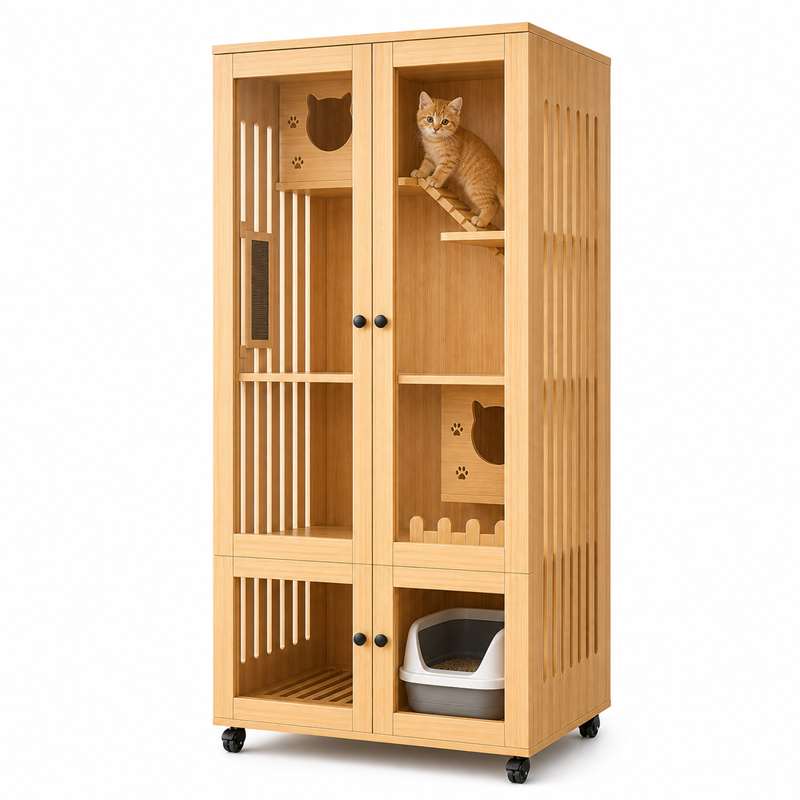 Wooden Cat Villa – 2-Door with Litter Box Area