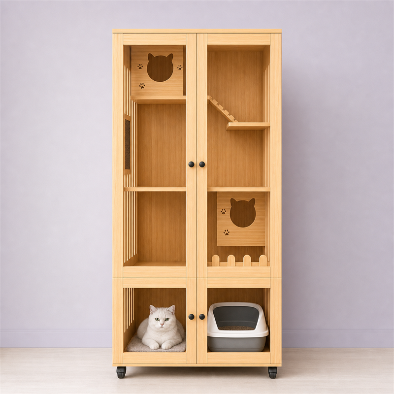 Wooden Cat Villa – 2-Door with Litter Box Area