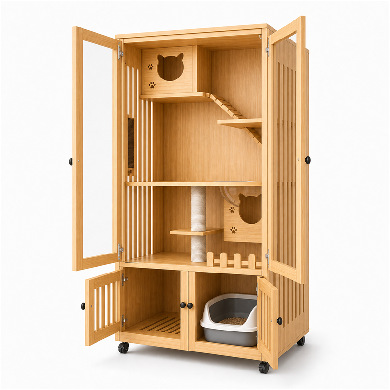 Wooden Cat Villa – 2-Door with Litter Box Area
