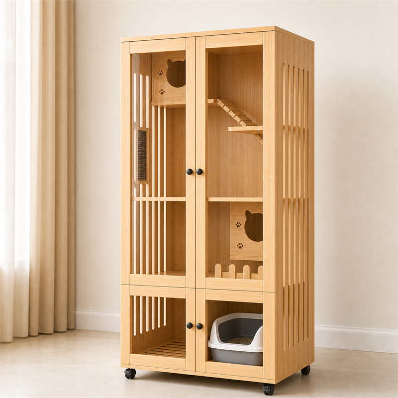 Wooden Cat Villa – 2-Door with Litter Box Area