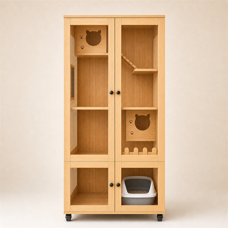Wooden Cat Villa – 2-Door with Litter Box Area