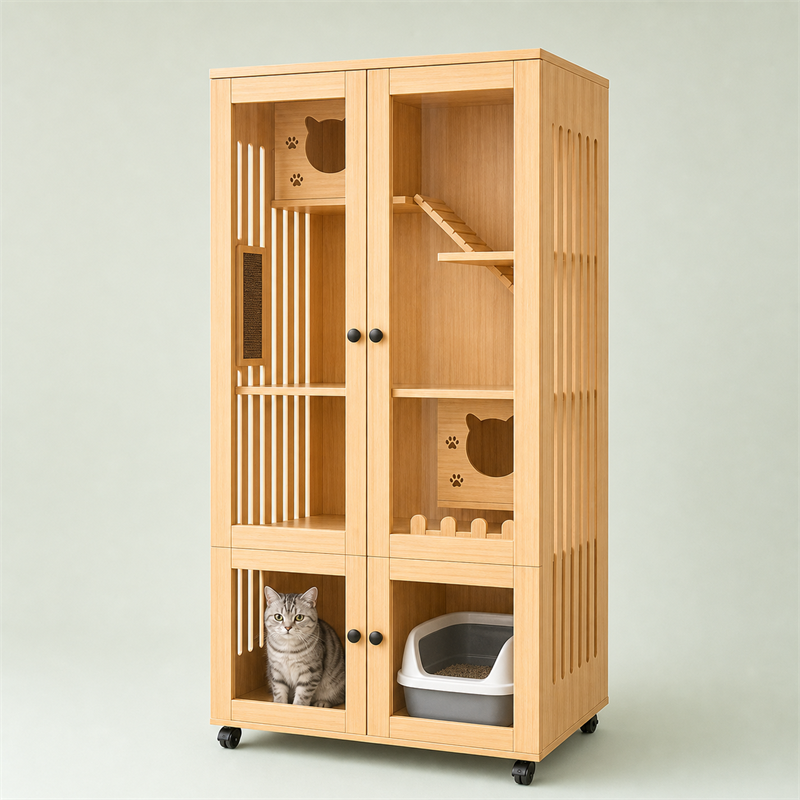 Wooden Cat Villa – 2-Door with Litter Box Area