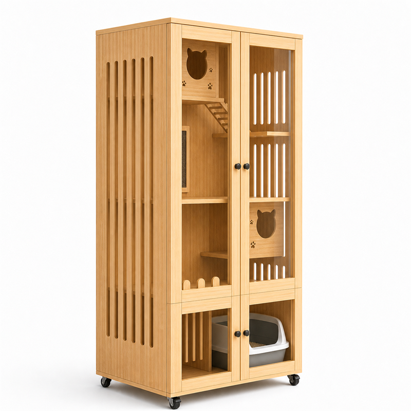 Wooden Cat Villa – 2-Door with Litter Box Area