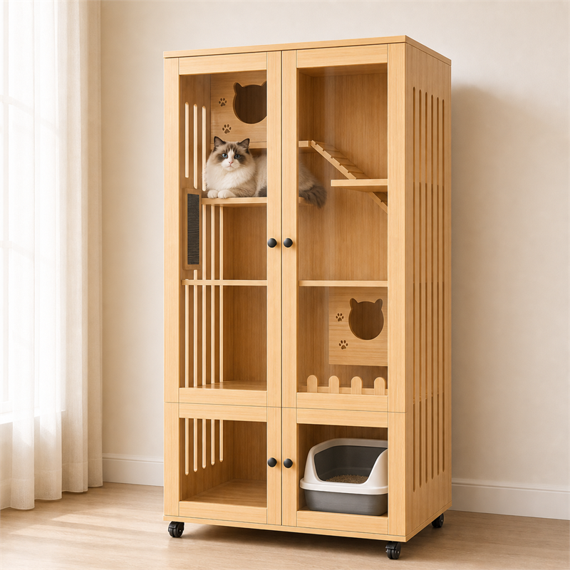 Wooden Cat Villa – 2-Door with Litter Box Area