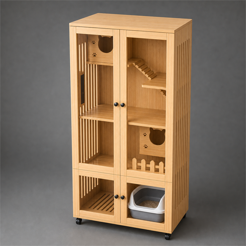 Wooden Cat Villa – 2-Door with Litter Box Area