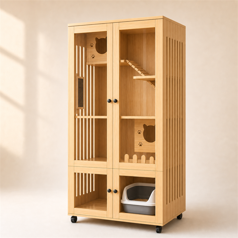 Wooden Cat Villa – 2-Door with Litter Box Area
