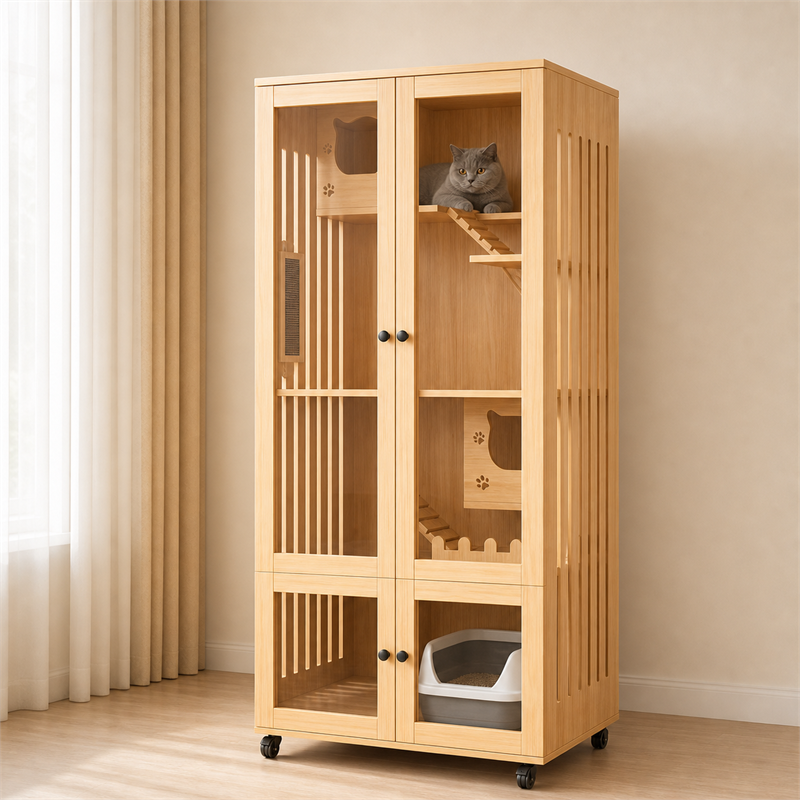 Wooden Cat Villa – 2-Door with Litter Box Area