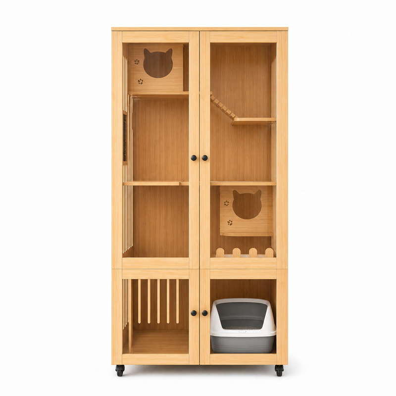 Wooden Cat Villa – 2-Door with Litter Box Area