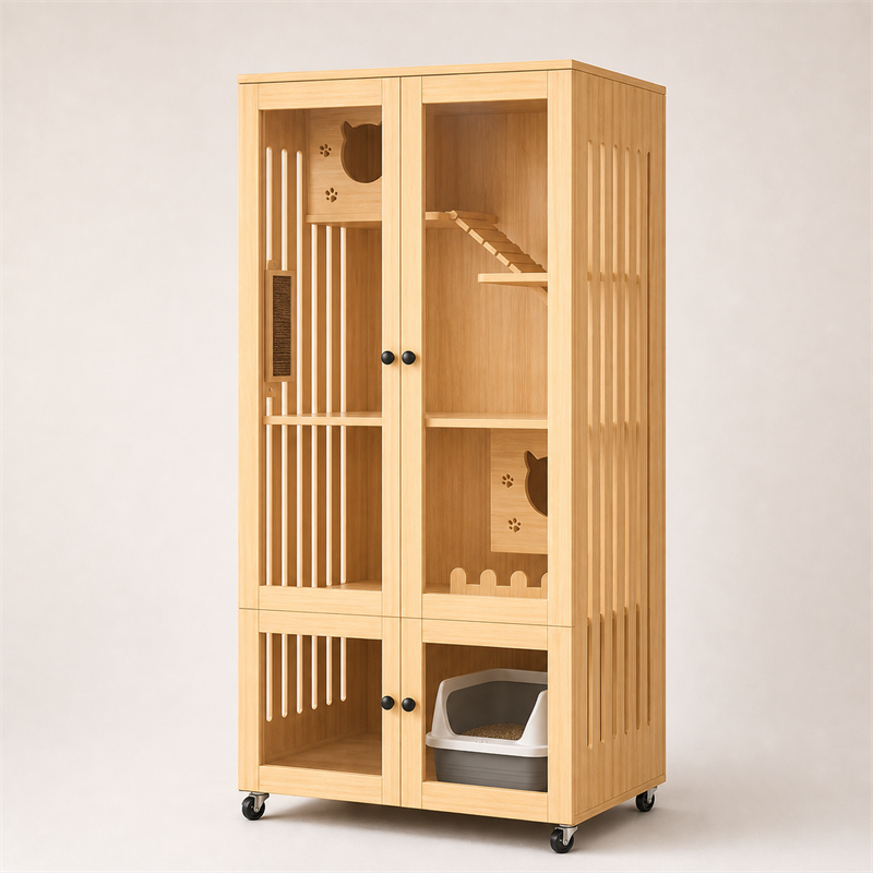 Wooden Cat Villa – 2-Door with Litter Box Area