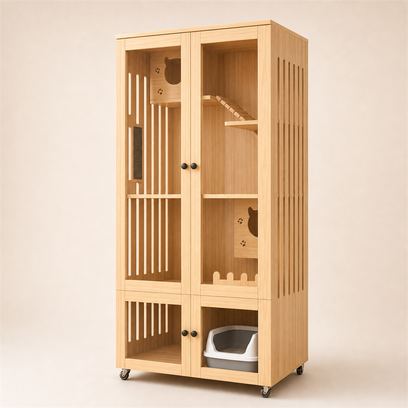 Wooden Cat Villa – 2-Door with Litter Box Area