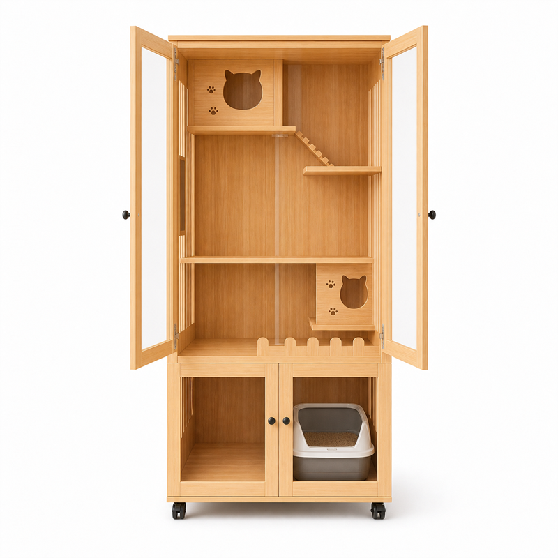 Wooden Cat Villa – 2-Door with Litter Box Area