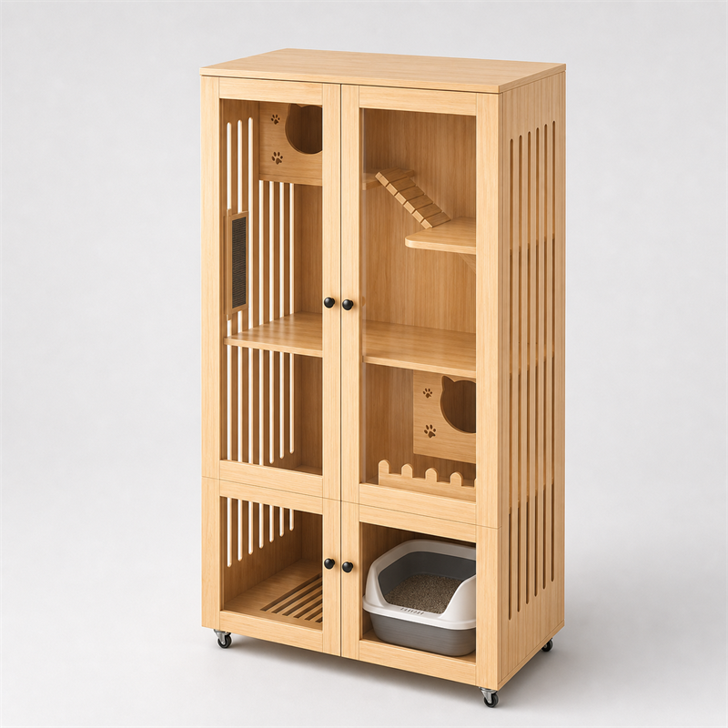 Wooden Cat Villa – 2-Door with Litter Box Area