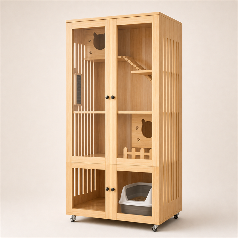 Wooden Cat Villa – 2-Door with Litter Box Area