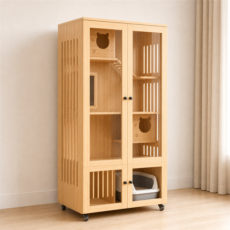 Wooden Cat Villa – 2-Door with Litter Box Area