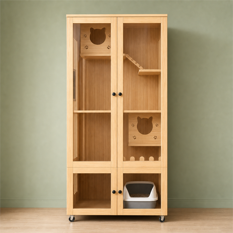 Wooden Cat Villa – 2-Door with Litter Box Area