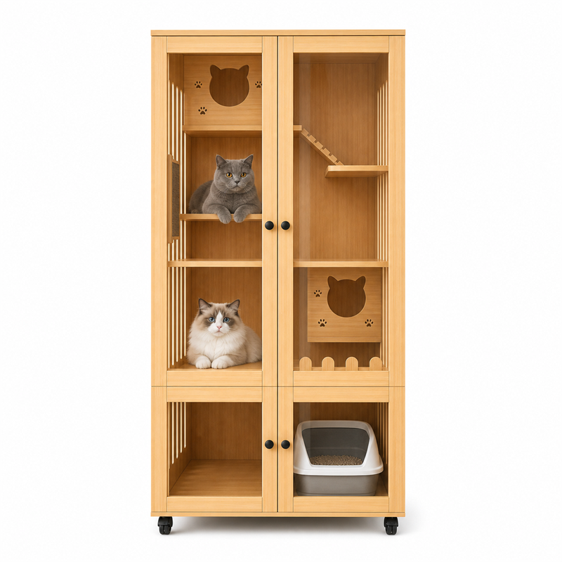 Wooden Cat Villa – 2-Door with Litter Box Area