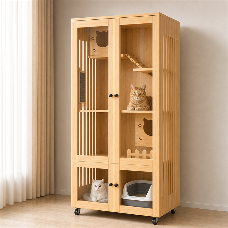 Wooden Cat Villa – 2-Door with Litter Box Area
