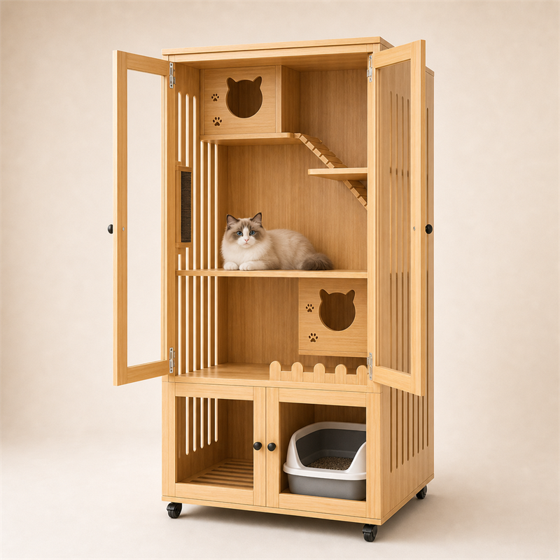 Wooden Cat Villa – 2-Door with Litter Box Area