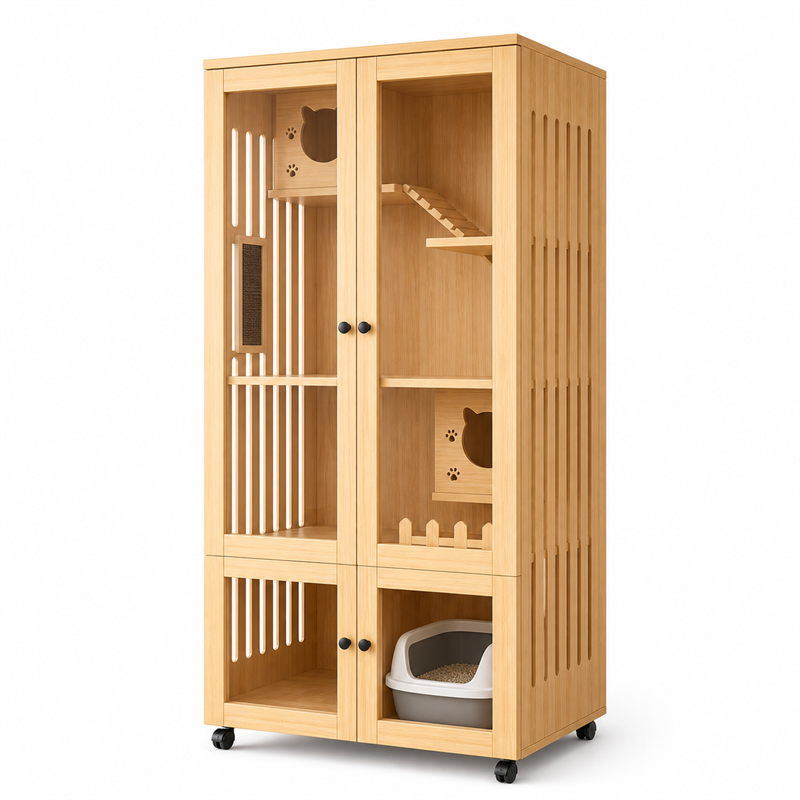 Wooden Cat Villa – 2-Door with Litter Box Area