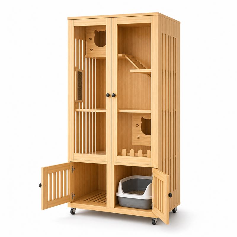 Wooden Cat Villa – 2-Door with Litter Box Area