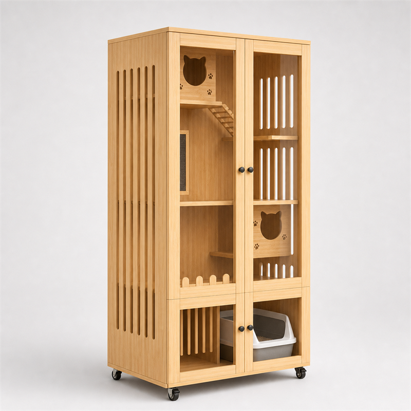 Wooden Cat Villa – 2-Door with Litter Box Area
