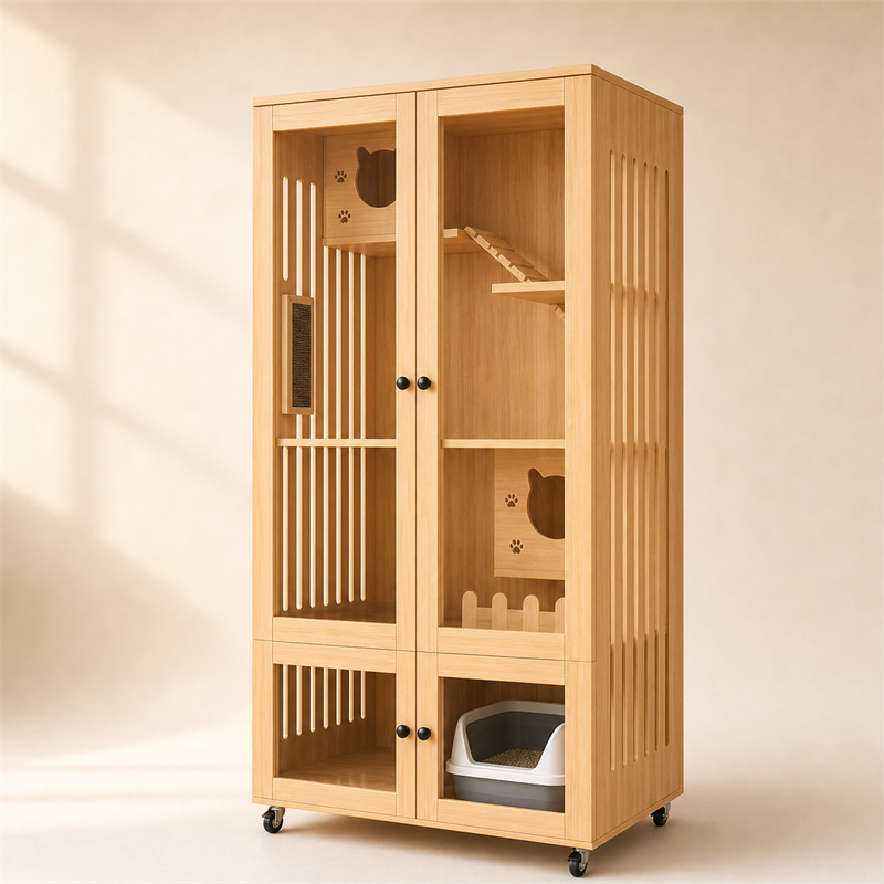 Wooden Cat Villa – 2-Door with Litter Box Area