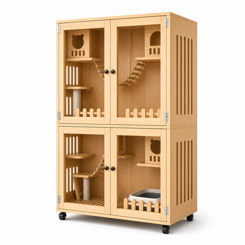 Wooden Cat Villa – Large Double Cabinet with Cat Trees