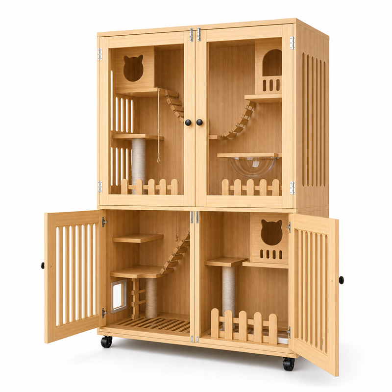Wooden Cat Villa – Large Double Cabinet with Cat Trees