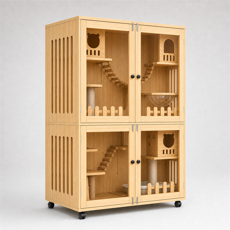 Wooden Cat Villa – Large Double Cabinet with Cat Trees
