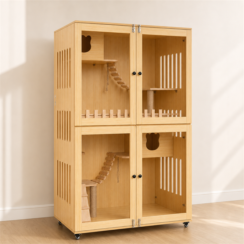 Wooden Cat Villa – Large Double Cabinet with Cat Trees