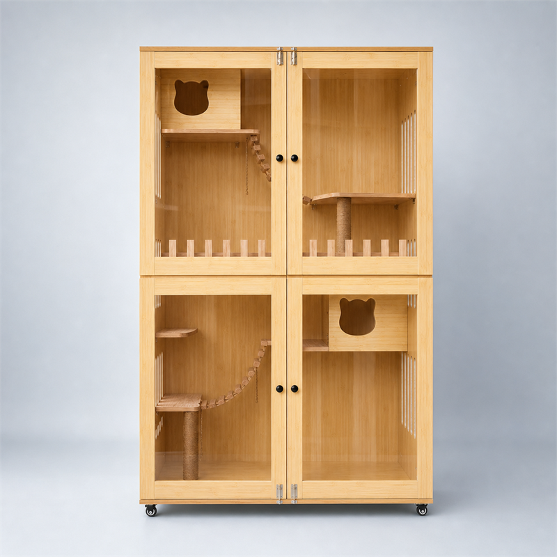 Wooden Cat Villa – Large Double Cabinet with Cat Trees