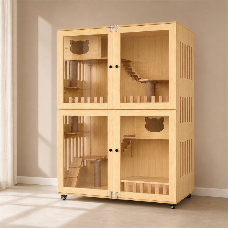 Wooden Cat Villa – Large Double Cabinet with Cat Trees