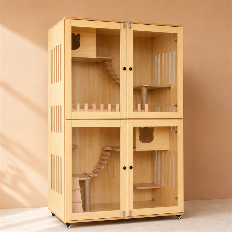 Wooden Cat Villa – Large Double Cabinet with Cat Trees