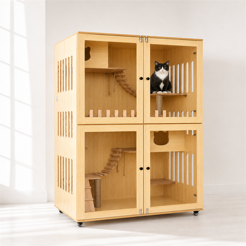 Wooden Cat Villa – Large Double Cabinet with Cat Trees