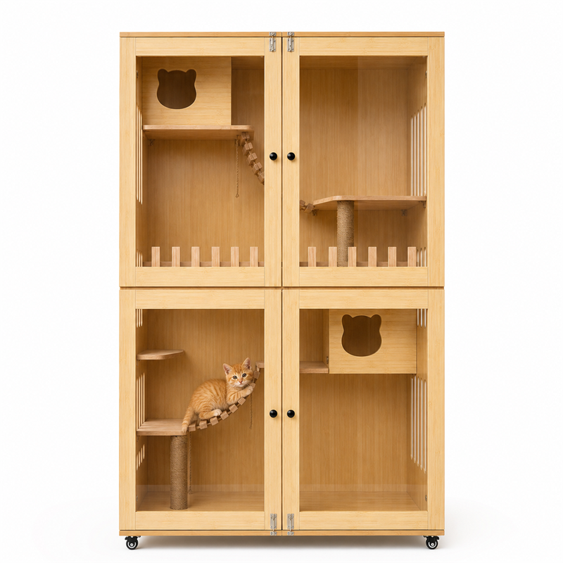 Wooden Cat Villa – Large Double Cabinet with Cat Trees
