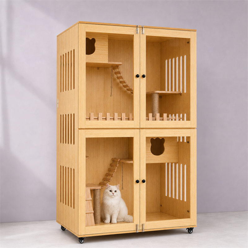 Wooden Cat Villa – Large Double Cabinet with Cat Trees