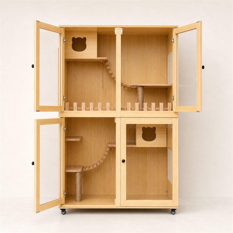 Wooden Cat Villa – Large Double Cabinet with Cat Trees
