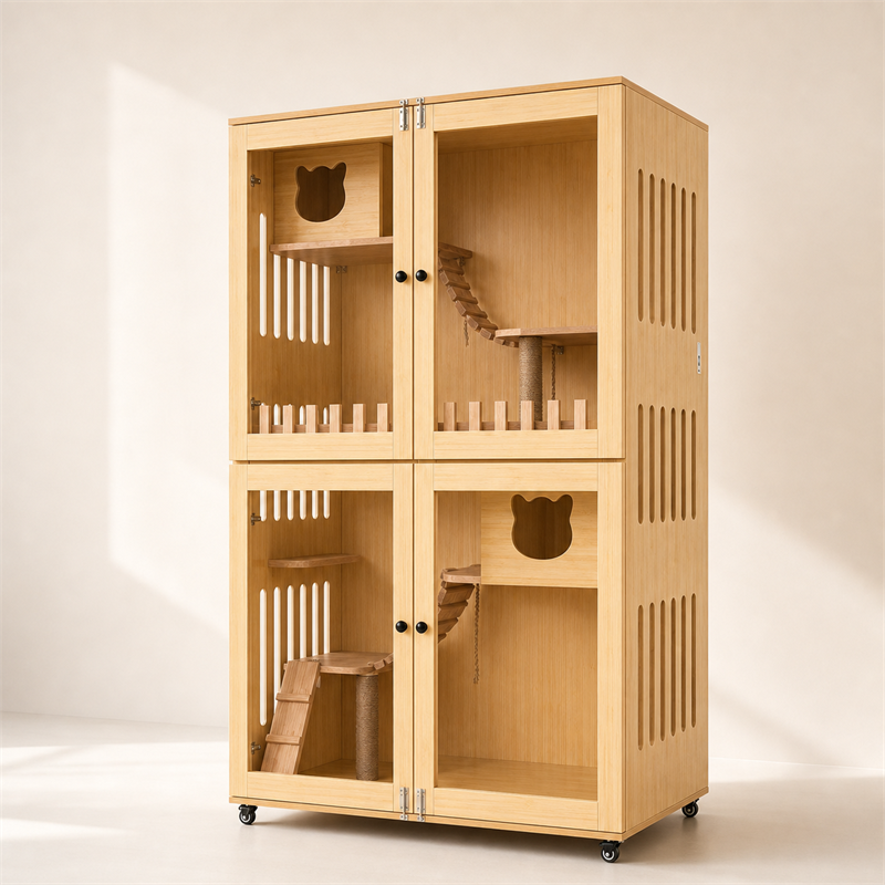 Wooden Cat Villa – Large Double Cabinet with Cat Trees
