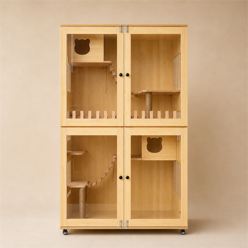 Wooden Cat Villa – Large Double Cabinet with Cat Trees