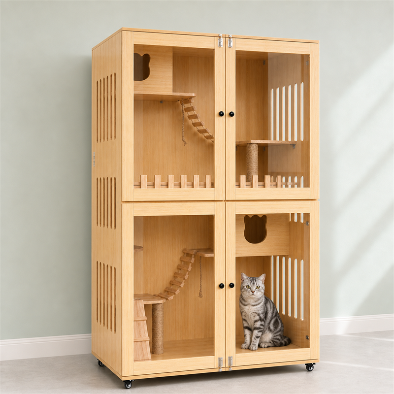 Wooden Cat Villa – Large Double Cabinet with Cat Trees