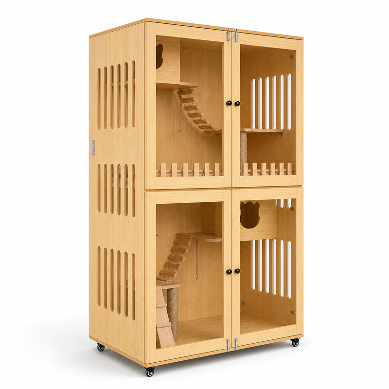 Wooden Cat Villa – Large Double Cabinet with Cat Trees