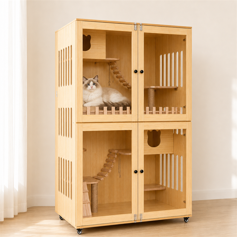 Wooden Cat Villa – Large Double Cabinet with Cat Trees