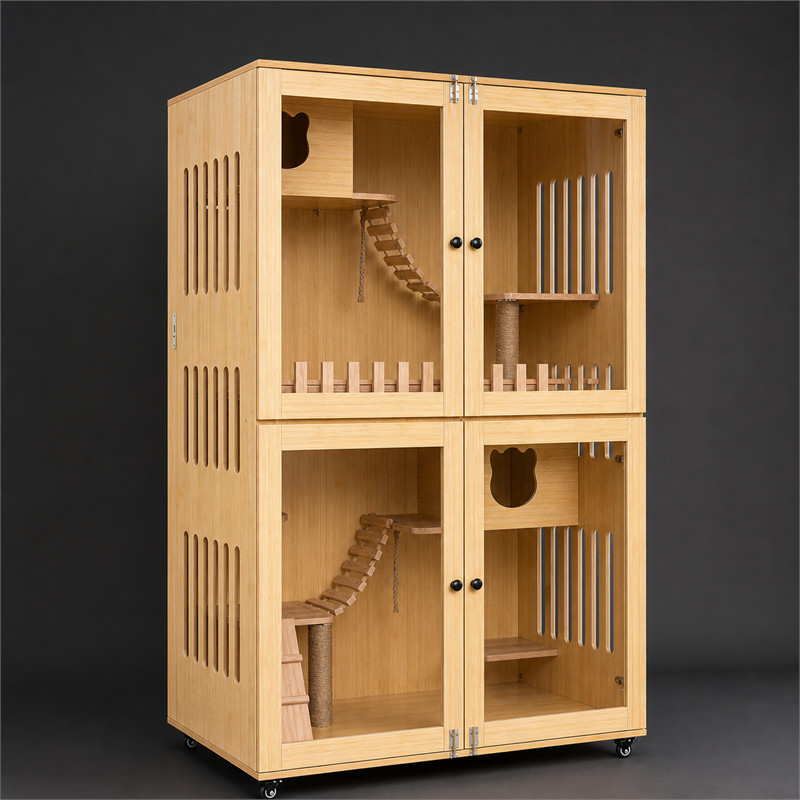 Wooden Cat Villa – Large Double Cabinet with Cat Trees