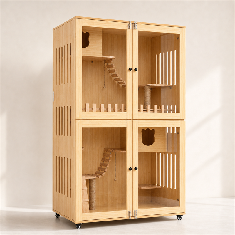 Wooden Cat Villa – Large Double Cabinet with Cat Trees