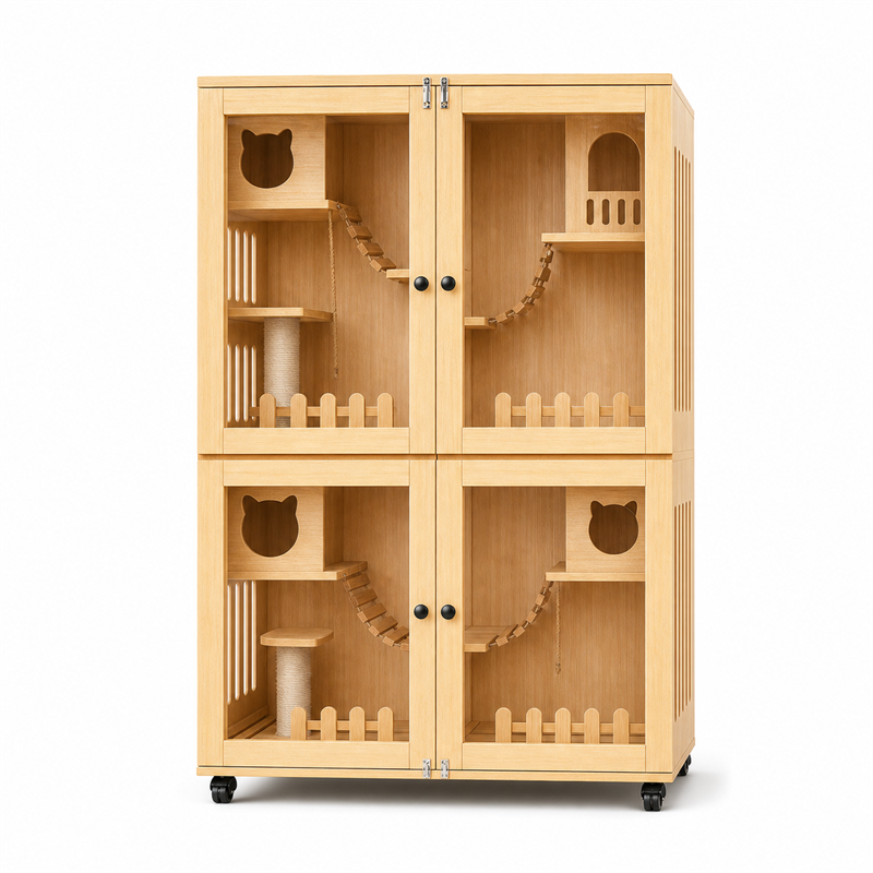 Wooden Cat Villa – Large Double Cabinet with Cat Trees