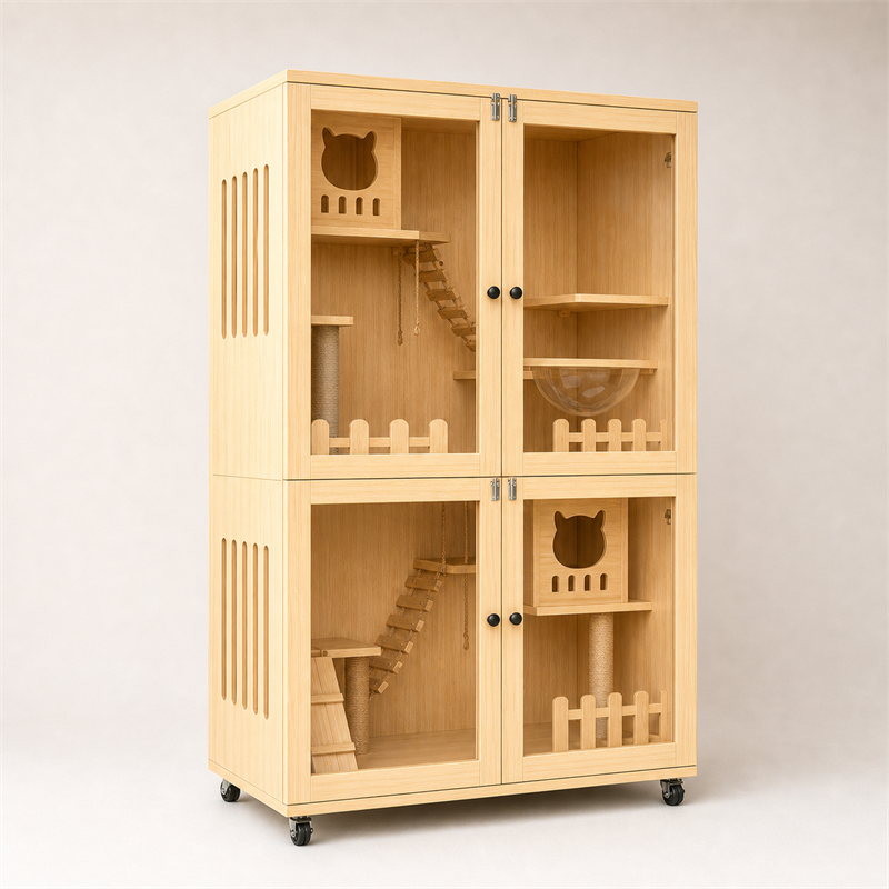 Wooden Cat Villa – Large Double Cabinet with Cat Trees
