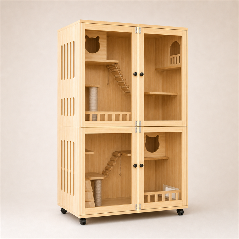 Wooden Cat Villa – Large Double Cabinet with Cat Trees